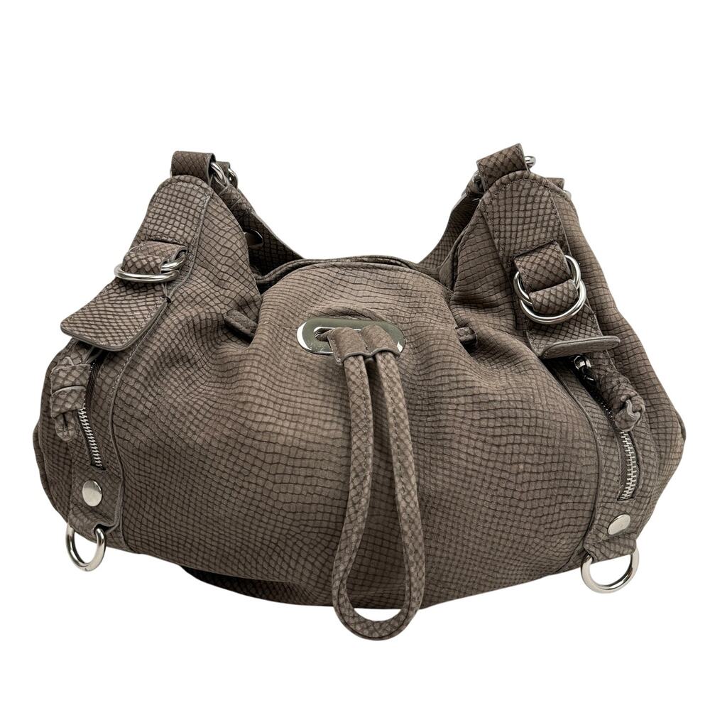 Hype Suede Leather Snake Embossed Hobo Bag Y2K Indie Slouchy Satchel Gray Taupe